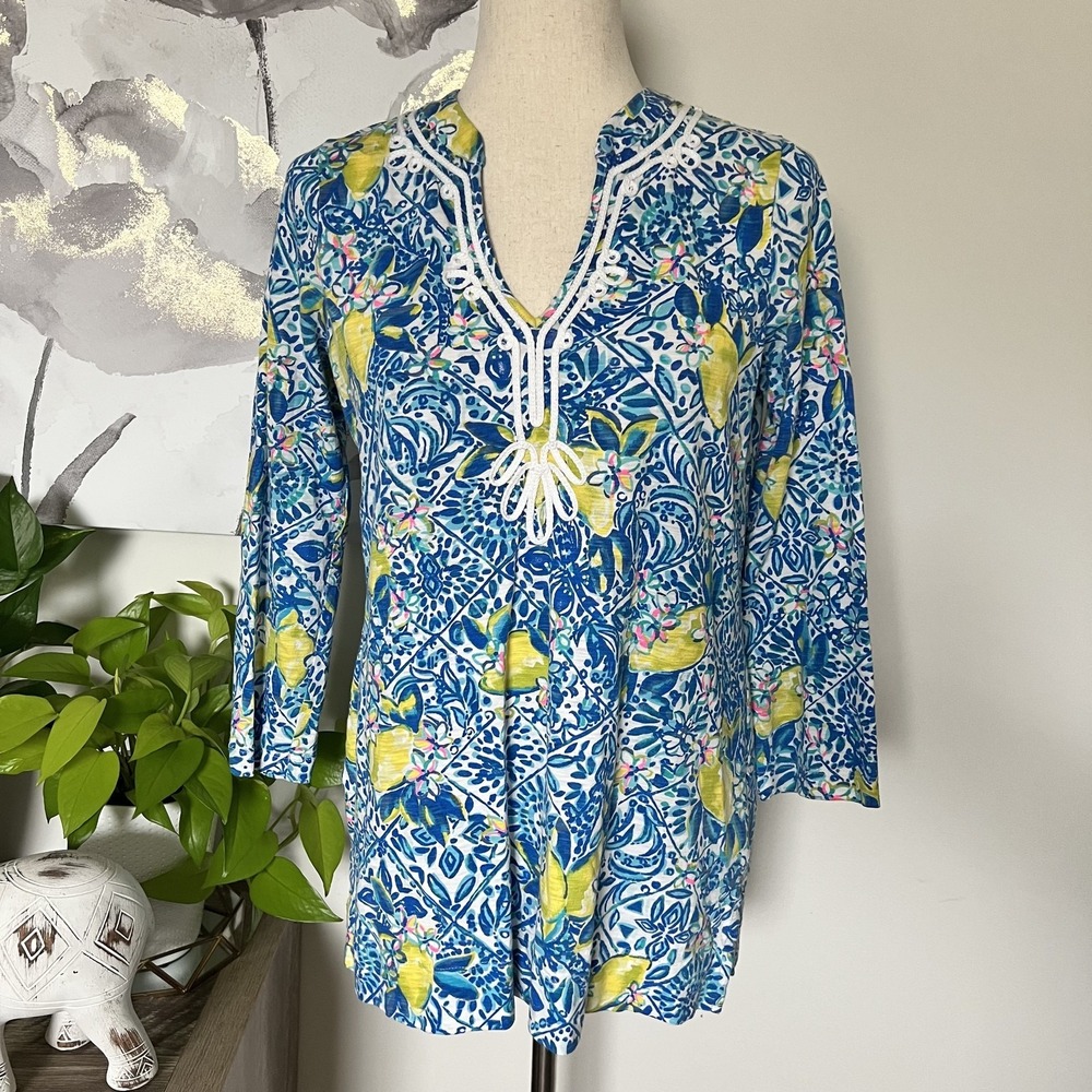 Lilly Pulitzer Tunic Top Womens Small Blue Lemon Floral Coastal‎ Resort Preppy